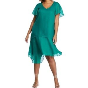 NEW Estelle Shadow Dress 16  Kelly Green Linen Silk Midi Flowy Boxy Asymmetrical